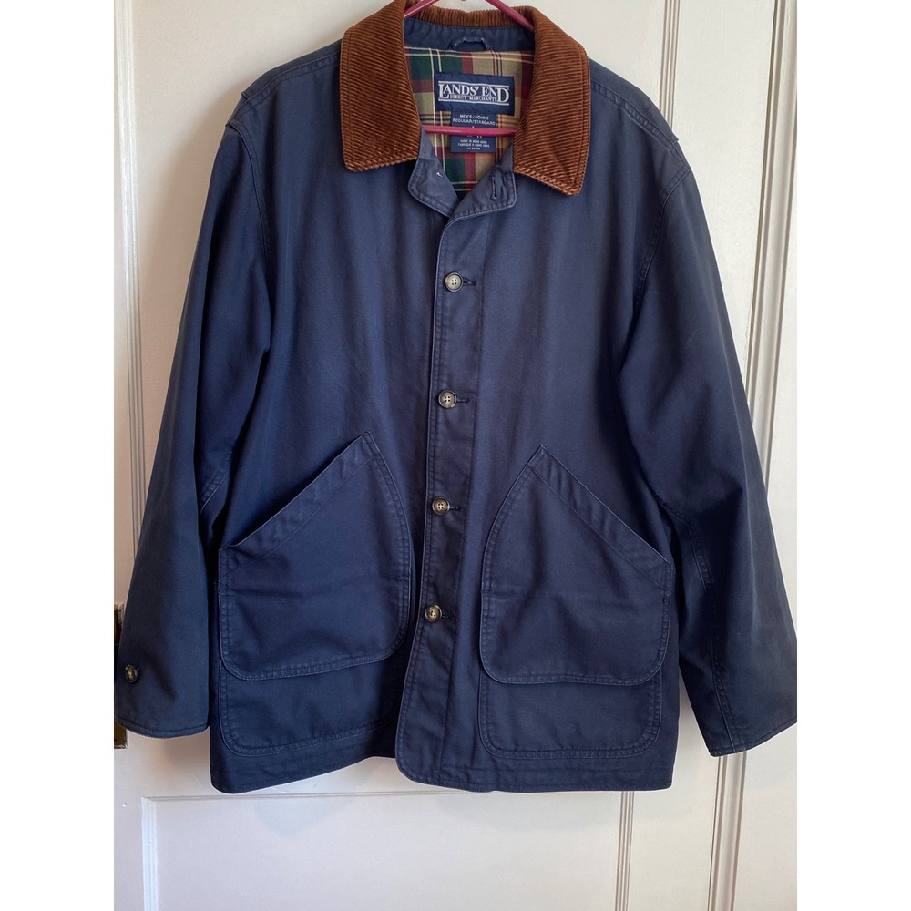 Vintage Lands End Mens Navy Blue Canvas Barn Jacket Plaid Lined Corduroy Large